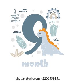 9 nine months Baby boy anniversary card metrics. Baby shower print with cute animal dino, flowers and palm capturing all special moments. Baby milestone card for newborn.