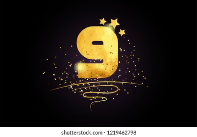 9 nine number with star and golden glitter on black background suitable for icon or typography logo design
