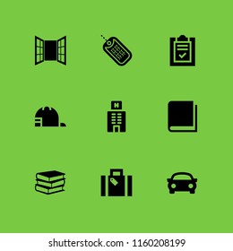9 nobody icons in vector set. dog tag, book, hotel and sports car illustration for web and graphic design