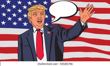 9 November 2016. Vector illustration with text cloud. US President-elect Donald Trump makes a welcoming speech to supporters in New York.