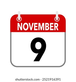9 de novembro, ícone de data do calendário no fundo branco.