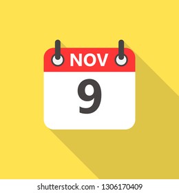 9 november calendar flat style icon with long shadow.