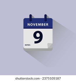 Icono del vector plano del calendario del 9 de noviembre. Calendario del 9 de noviembre con sombra, papel doblado sobre fondo claro. Alta resolución muy fácil de editar el formato de archivo eps 10