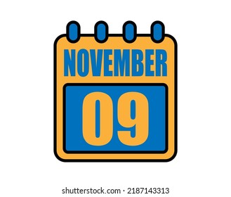 9 November calendar. November calendar icon in blue and orange. Vector Calendar Page Isolated on White Background.