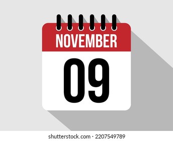 9 November Calendar Vector Icon. Red November Date For The Days Of The Month