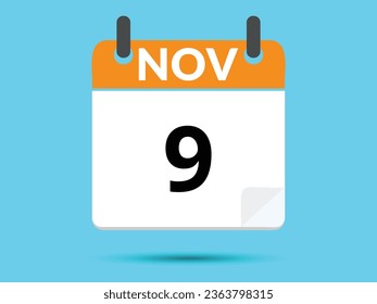 9 November. Flat icon calendar isolated on blue background. Vector illustration.