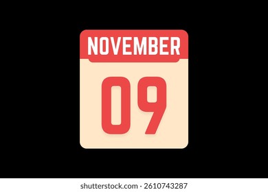 9 November icon text page monthly web design on coral, white, tangerine and black background vector, icon, or illustration with the month of November 9
