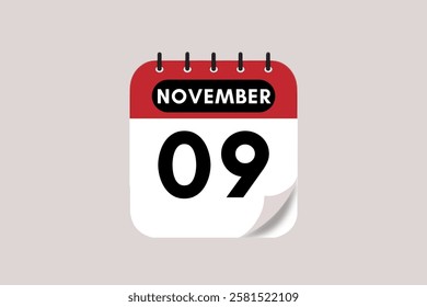 9 November month single day vector, illustration, calendar with rose red, black and off-white color background calendar November 9