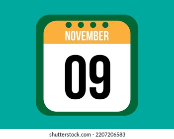 9 November orange calendar vector. November date with square on light background.