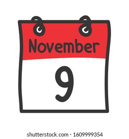 9 November. Vector flat daily calendar icon. Date and time, day, month. Holiday