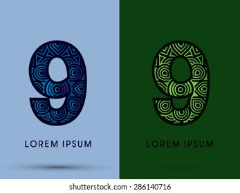 9 ,Number, Abstract, font, concept filigree, floral, natural, water and leaf graphic, vector.