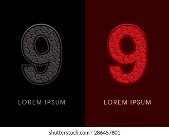 9 Number, Abstract Font, Text, Typography, concept luxury hot and dark, red and black, pattern, graphic vector.
