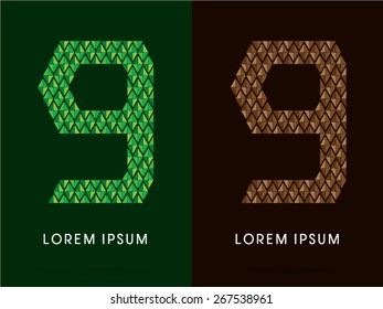 9 ,Number, font, concept leaf and rock, designed using green and brown colors tone geometric shape on dark background, sign ,logo, symbol, icon, graphic, vector.