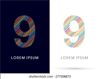 9 ,Number, font, designed using colorful zigzag line, graphic, vector.