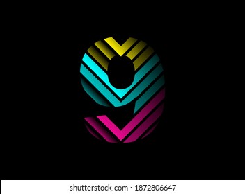 9 number font logo with cmyk color. Dynamic split blue, pink, yellow color on black background. For social media,design elements, creative poster, brand label and more