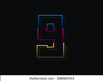 9 number font, vector design logo. Dynamic, split-color, blue, pink, yellow on black background. Eps10 illustration