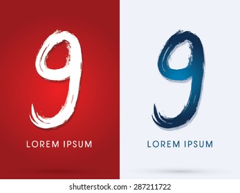 9 Number , Grunge brush font graphic vector.