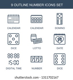 9 number icons. Trendy number icons white background. Included outline icons such as calendar, domino, Dice, lotto, date, digital time. number icon for web and mobile.