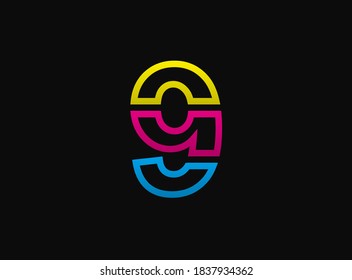 9 number logo, vector desing font .Dynamic cmyk split blue, pink, yellow color on black background. For social media,design elements, creative poster, anniversary celebration, greeting web template 