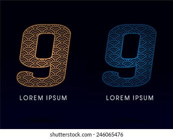 9 Number ,Luxury font ,designed using gold and blue line, concept shape from water, river, sea, ocean, fish scale, logo, symbol, icon, graphic, vector.