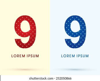 9 ,Number ,Luxury font, designed using red and blue line geometric shape, idea from wicker, basket,woven, ribbons, jewelry, diamond,rope, logo, symbol, icon, graphic, vector.