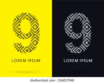 9 ,Number ,Luxury font, designed using black and white line square geometric shape, logo, symbol, icon, graphic, vector.