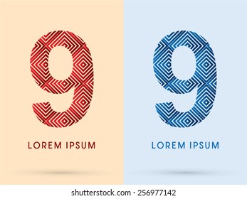 9 ,Number ,Luxury font, designed using red and blue line square geometric shape, hot and cool tone, logo, symbol, icon, graphic, vector.