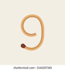9 number made with match. Vector wooden matchstick isolated font