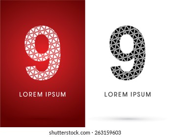 9 ,Number, Modern font, designed using white and black triangle geometric shape. on red and white background, ,logo, symbol, icon, graphic, vector.