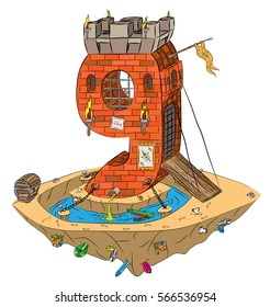 9 Number Nine As Medieval Brick Castle On Flying Island With Dangerous River