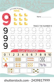 9, Number Nine worksheet for kids, Number tracing worksheet, pencils Number sketch, game worksheet backdrop template