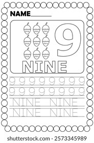 9, Number Nine.Strawberry.Number tracing worksheet for kindergarten.Preschool math practice.Coloring page.Kids learning.Activity for children.Book page with outline.Cartoon vector illustration.