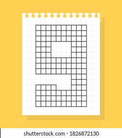 9 number on notepad sheet of squared paper, made of squares. Vector illustration