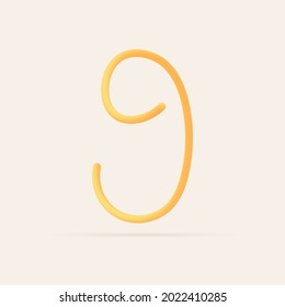 9 number spaghetti design. Vector hand draw realistic food font. Isolated Italian pasta for tasty poster, restaurant identity, gourmet element and more