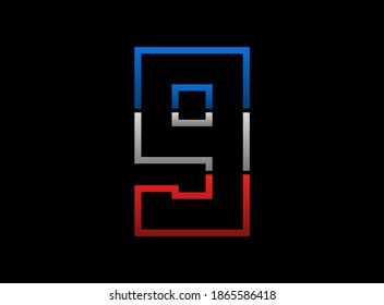 9 number vector desing, outline stroke font logo. Dynamic split grey, red, blue color on black background. For social media,design elements, creative poster, web template and more


