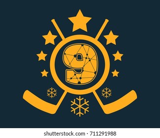 9 number vector illustration. Classic style Sport Team font. Numbers decorated by lines and dots pattern. Ice Hockey Emblem