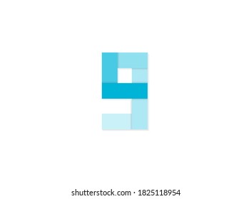 9 number, vector logo, paper cut desing font made of blue color tones .Isolated on white background. Eps10 illustration