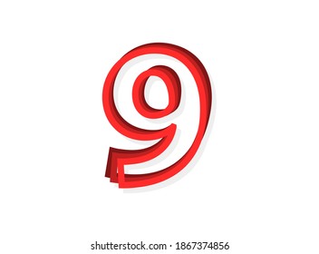 9 vector de número, diseño moderno de capas de contorno fuente de color rojo. Ilustración Eps10