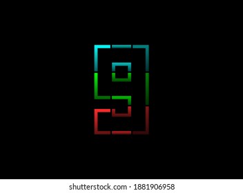 9 number vector outline stroke desing, font logo. Red, green, blue color on black background. For social media,design elements, creative poster, web template and more