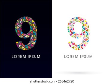 9 ,Number,Colorful font, concept mosaic pattern, designed using colors triangle geometric shape. on dark and white background, sign ,logo, symbol, icon, graphic, vector.
