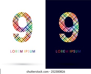 9 ,Number,colorful font,designed using colors line on white and black background, concept wicker,basket ,woven, ribbons,happy,fun,joy,fantasy,love,gift,logo, symbol, icon, graphic, vector.