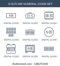 9 numeral icons. Trendy numeral icons white background. Included outline icons such as digital clock. numeral icon for web and mobile.