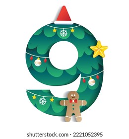 9 Numeric Number Alphabet Cute Merry Christmas Concept Gingerbread Cookies Star Christmas Hat Character Font Letter Christmas Tree Element Cartoon Green 3D Paper Layer Cutout Card Vector Illustration