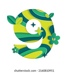 9 Numeric Number Character Environmental Eco Environment Day Leaf Font Letter Cartoon Style Abstract Paper Sparkle Shine Green Mountain Geography Contour 3D Paper Layer Cutout Card Vector Illustration