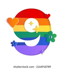 9 Numeric Number Character Letter Abstract White Lively Flower Heart Sparkle Shine Pride Month LGBTQIA+ Rainbow ​Colorful Red Orange Yellow Green Blue Violet 3D Paper Cutout Card Vector Illustration