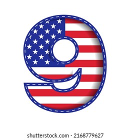 9 Numeric Number Character Letter USA Independence Memorial Day United States of America Character Font Blue Navy Red Star Stripes  National Flag White Background 3D Paper Cutout  Vector Illustration