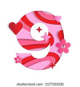 9 Numeric Valentines Day Love Abstract Character Font Number Paper Lively Flower Heart Sparkle Shine Red Pink Mountain Geography Contour Map 3D Layer Paper Cutout Card Web Banner Vector Illustration