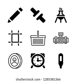 9 object icons with pencil diagonal filled writing tool and oval frame in this set