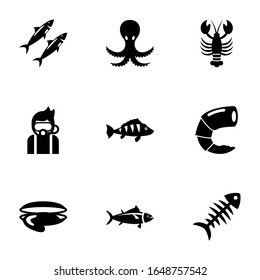 9 ocean filled icons set isolated on white background. Icons set with sardine, octopus, lobster, Diving, perch, shrimp, oyster, tuna, fish bone icons.