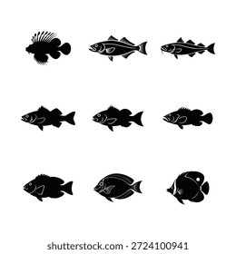 9 Ocean Fish Silhouette Vetor Set (Conjunto de vetores da silhueta de peixes marinhos)